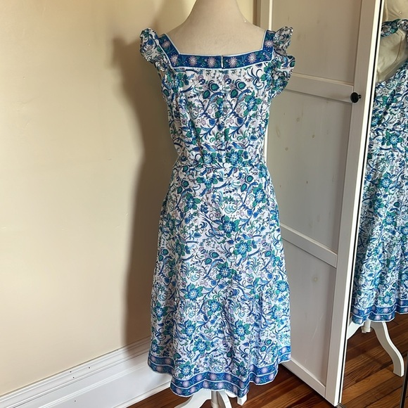 Talbots Blue and White Floral Square Neck Midi Dress Flutter Sleeves -NWT- 14P - Picture 7 of 11